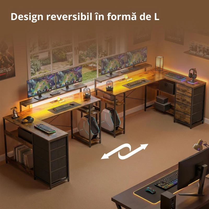 HOMCOM Birou de gaming în formă de L cu priză integrată, iluminare LED, 4 sertare, suport monitor 155x110x91,4 cm Maro