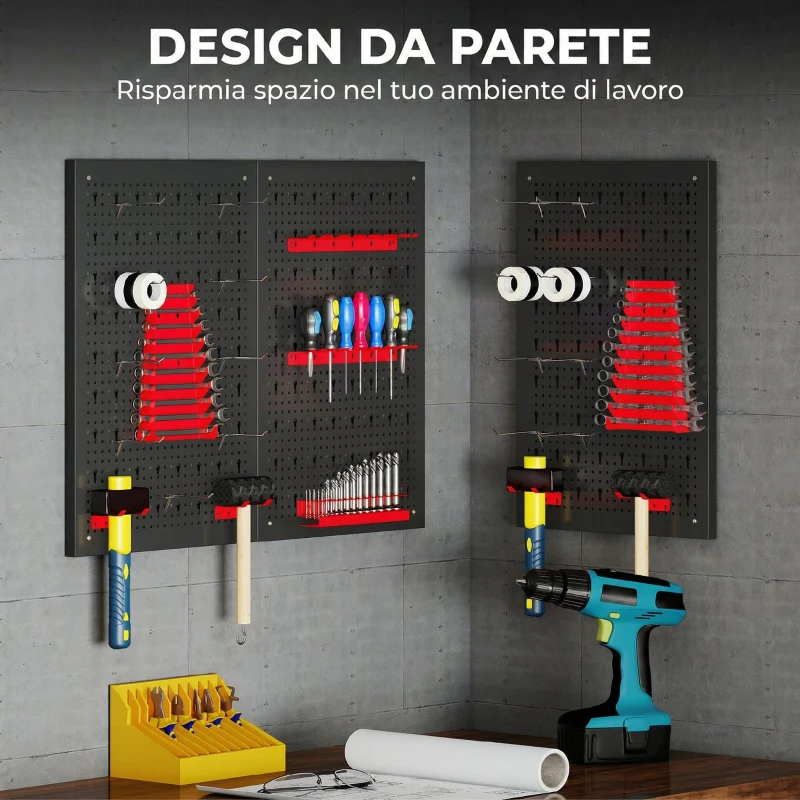 HOMCOM Set 3 Pannelli Porta Attrezzi da Parete in Acciaio con 9 Supporti e 16 Ganci, Nero e Rosso