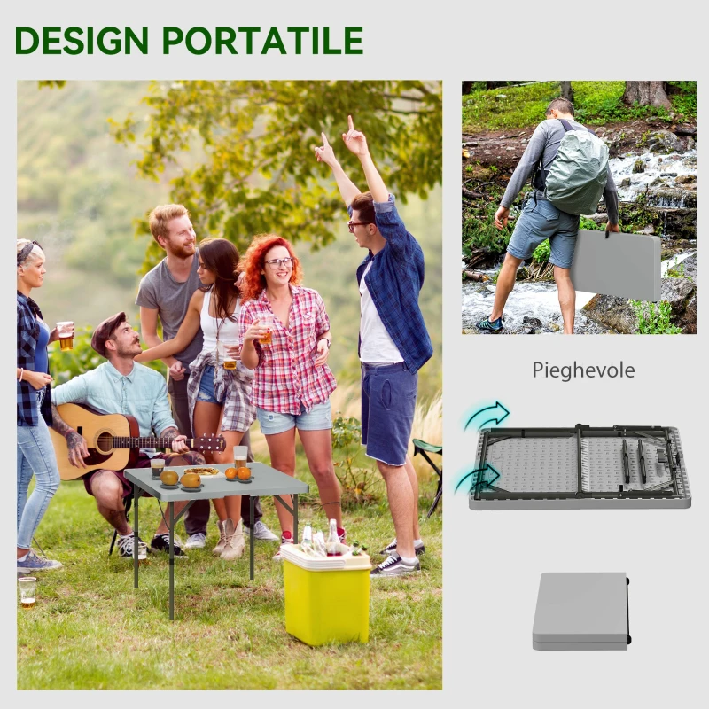 Outsunny Tavolo da Campeggio Pieghevole e Regolabile su 2 Altezze, in HDPE e Metallo, 86x86x74 cm, Grigio Scuro