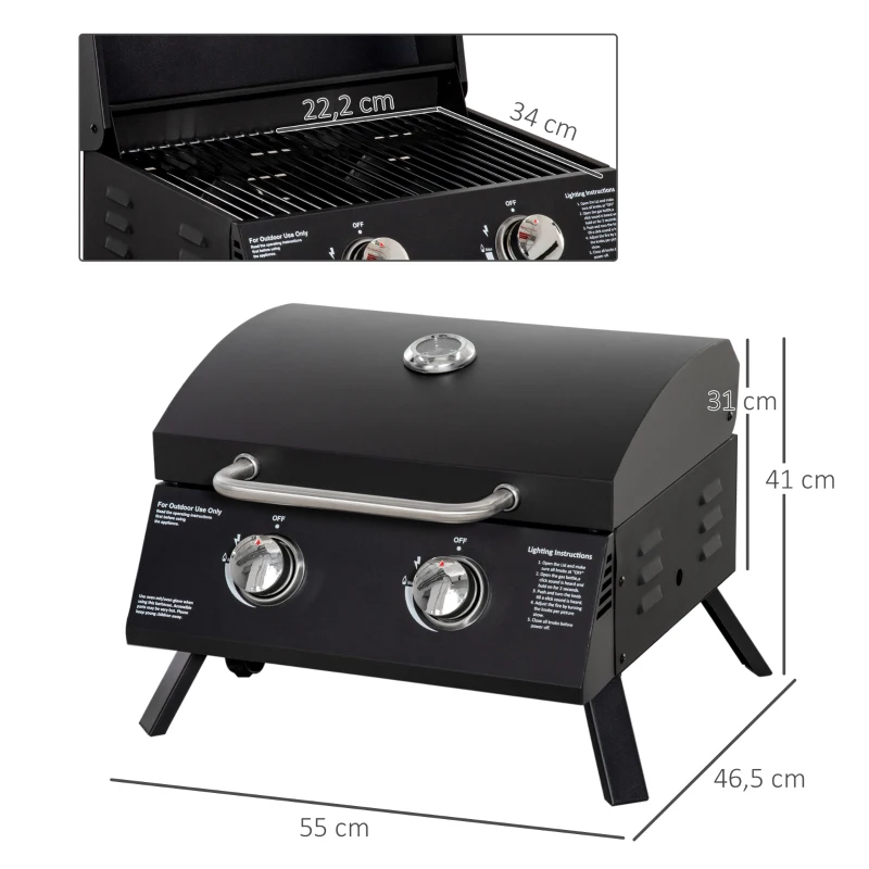 Outsunny Barbecue gaz de Table transportable Pieds Pliables - 2 brûleurs 5 KW - Barbecue gaz de Camping - Grille de Cuisson, réceptacle Graisse, thermomètre - Acier de Qualité Alimentaire Noir