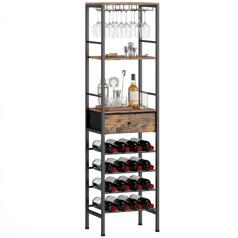 HOMCOM Industrial Wine Bar Cabinet Freestanding Liquor Cabinet 16-Bottle Wine Rack Glass Holder Rustic Brown