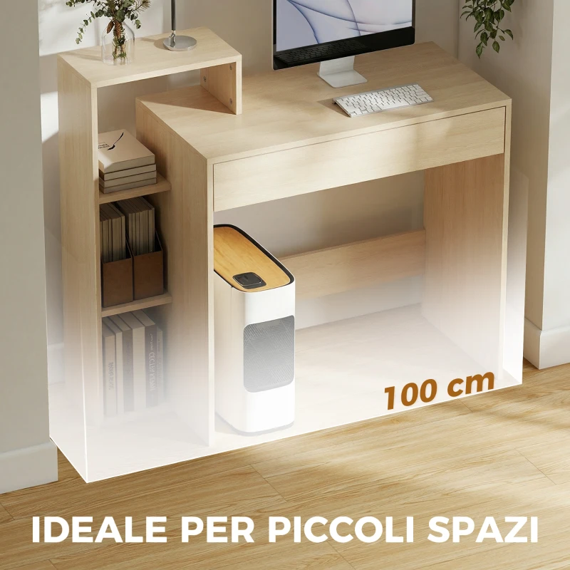 HOMCOM Scrivania PC Moderna con 3 Ripiani Aperti e Cassetto, in Legno, Color Legno, 100x40x90 cm