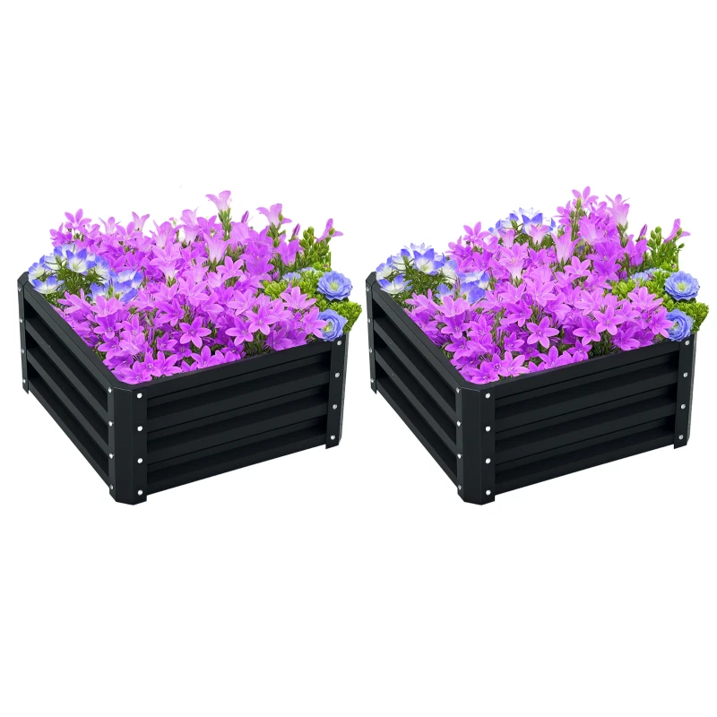 Outsunny Set of 2 Raised Garden Bed, Outdoor Elevated Galvanised Planter Box for Flowers, Herbs, 60x60x30.5cm, Grey