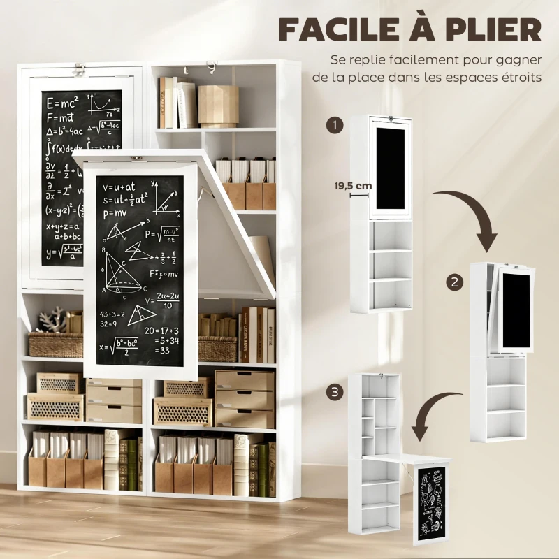 HOMCOM Bureau avec rangement pliable murale rabattable avec bibliothèque poste de travail tableau à craie et étagère réglable