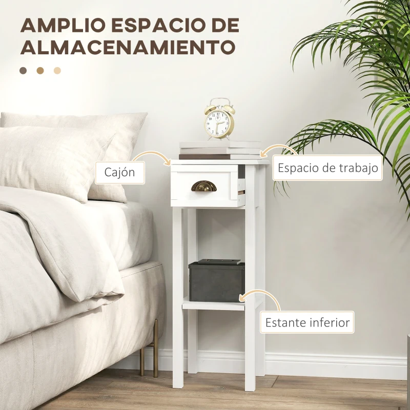 HOMCOM Juego de 2 Mesas Auxiliares Mesitas de Noche con Cajón y Estante de Almacenamiento para Dormitorio 30x30x75 cm Blanco