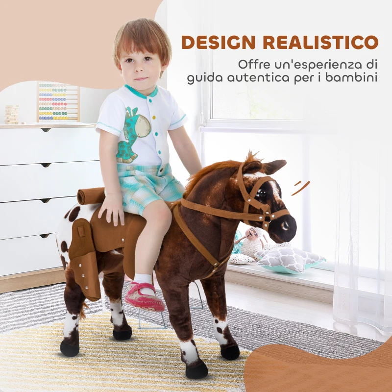 HOMCOM Cavallo a Dondolo per Bambini 2+ Anni con Nitrito, Sella e Staffe, in Peluche e Metallo, 85x28x60 cm, Marrone