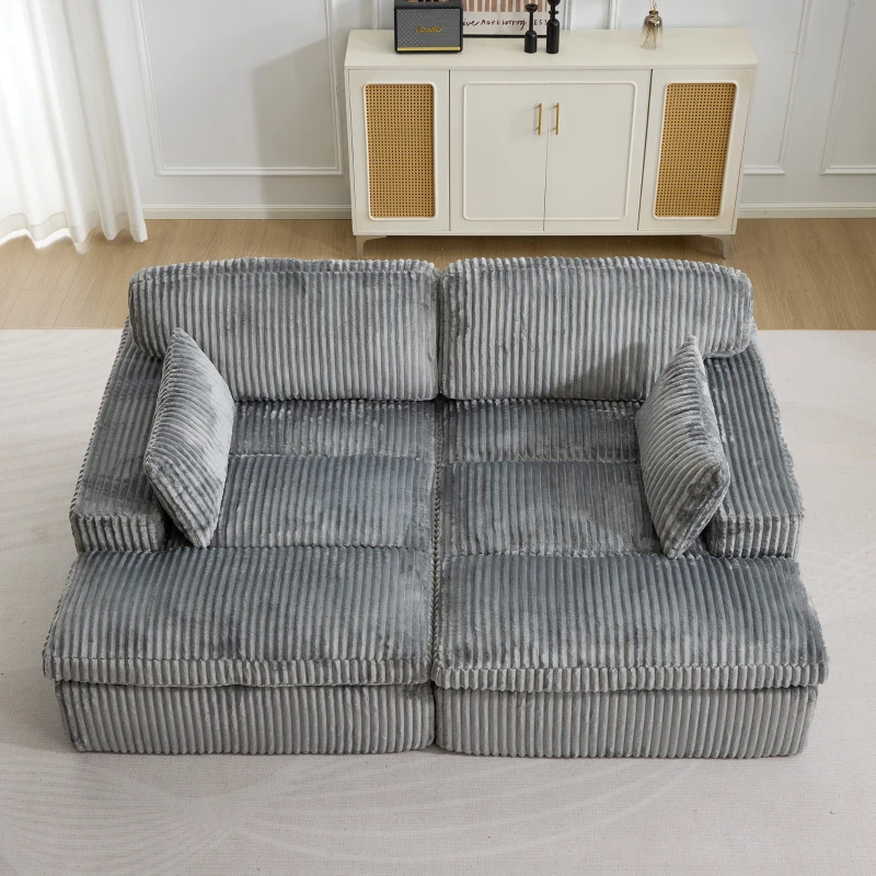 Doppelter Chaiselongue-Sessel für den Innenbereich, übergroße gepolsterte Cloud-Schlafcouch, luxuriöses Schlafsofa mit tiefem Sitz, Sofa-Chaiselongue mit Anbausofa, Lesesessel aus Cord für das Wohnzimmer, keine Montage erforderlich, grau
