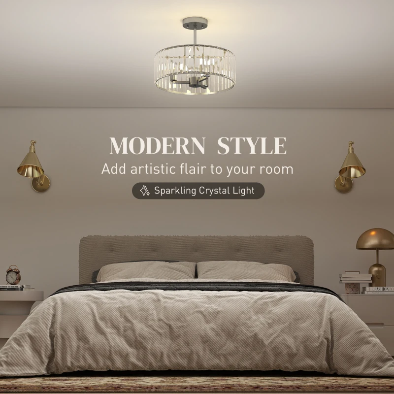 HOMCOM Crystal Ceiling Light Fixture Set of 2, Semi Flush Mount Modern Chandelier for Living Room, Bedroom and Hallway, 3-Lights with E14 Base, Silver Tone