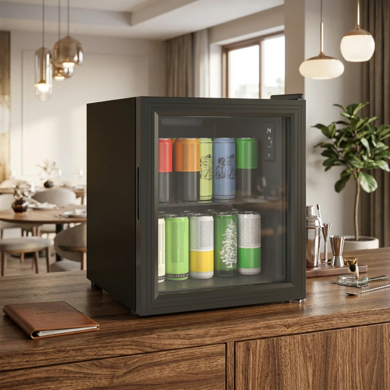 HOMCOM Frigider 46L, 59 Cutii, Ușă din Sticlă, Raft Temperat, LED, Touchscreen, pentru Bucătărie Birou Dormitor Bar, Negru