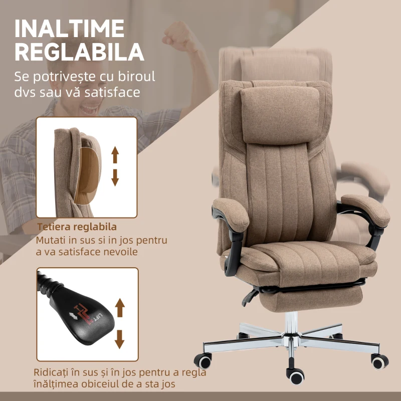 Vinsetto Scaun de Birou cu Masaj, Suport pentru Picioare și Telecomandă, din Material Textil cu Aspect de In, 65x61x108-118 cm, Maro(m-5)