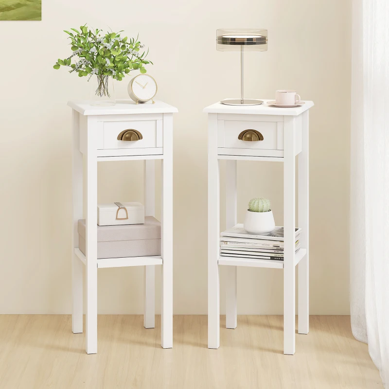 HOMCOM Juego de 2 Mesas Auxiliares Mesitas de Noche con Cajón y Estante de Almacenamiento para Dormitorio 30x30x75 cm Blanco