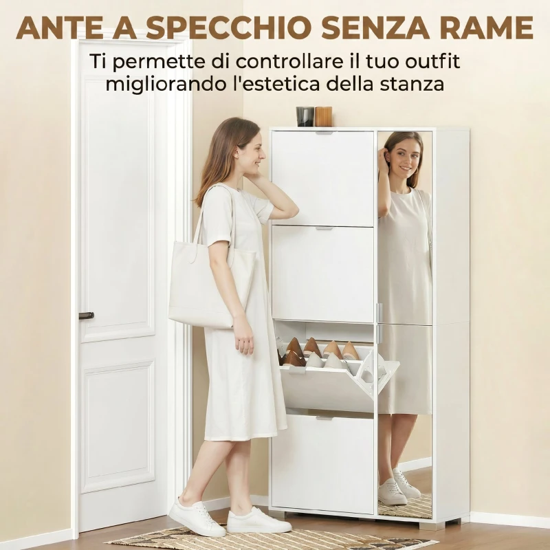 HOMCOM Scarpiera con Specchio, 4 Cassetti Ribalta, Scarpiera Ingresso, Bianco