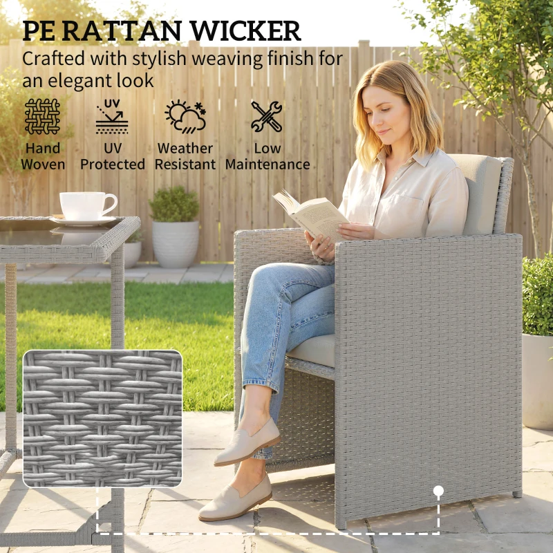 Outsunny 9 Piece Rattan Cube Garden Furniture Dining Set with Armchairs, Footstools and Glass-Top Table, Light Grey