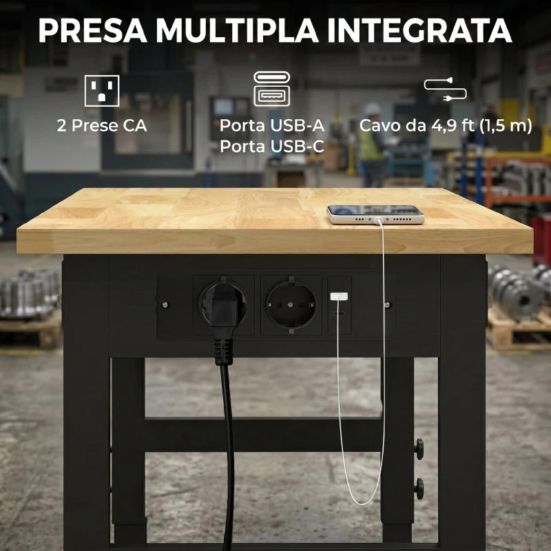 HOMCOM Banco da Lavoro in Legno e Acciaio Altezza Regolabile, 2 Prese AC, Capacità 900 kg, Color Legno e Nero