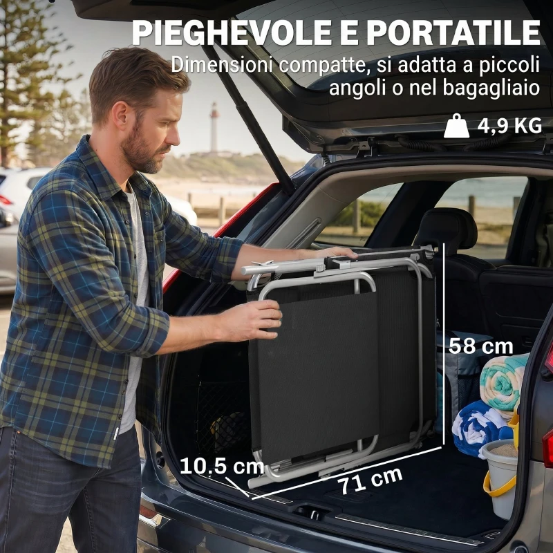 Outsunny Lettino Prendisole da Giardino Pieghevole e Regolabile con Tettuccio in Tessuto Nero, 187x58x50 cm