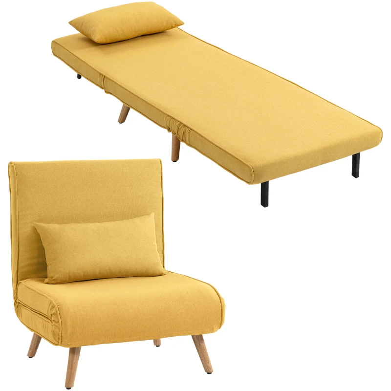 HOMCOM Sofá-Cama Individual Dobrável com Encosto Ajustável em 5 Posições, Sofá-Cama Estofado com Almofada 72x75x85 cm Amarelo