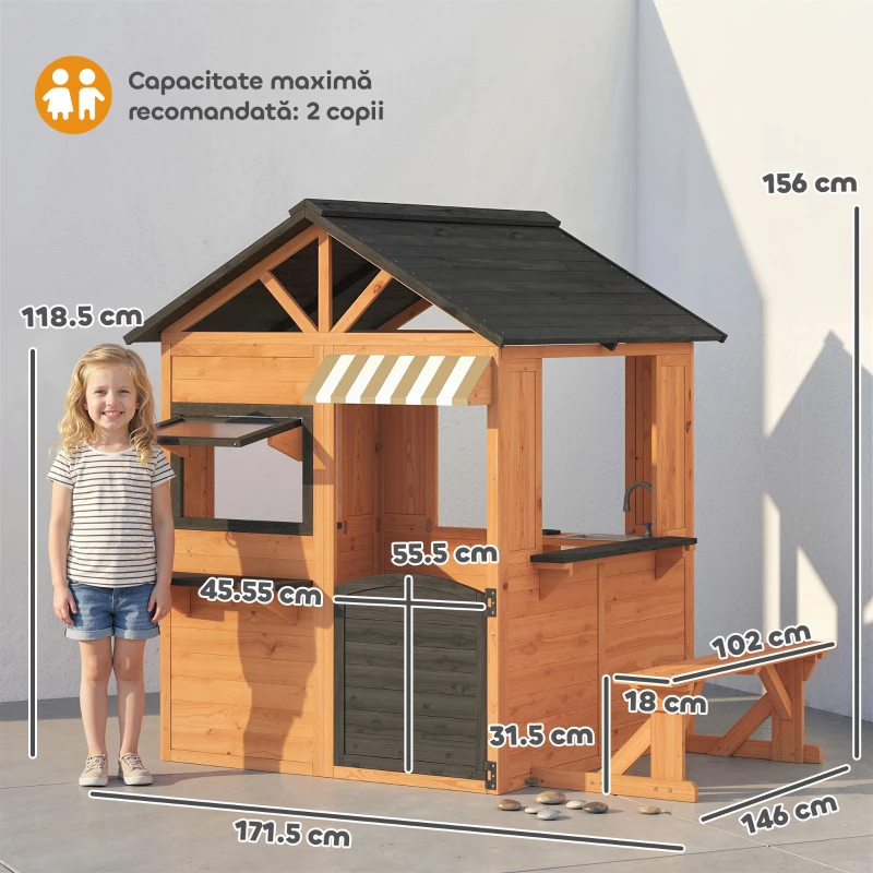 AIYAPLAY Căsuță de Grădină pentru Copii din Lemn de Brad, Căsuță pentru Exterior cu Bucătărie, 4 Ferestre, Ușă Parțială, Bancă, Raft și Acoperiș, pentru Copii 3-8 Ani, 171.5x146x156 cm, Maro