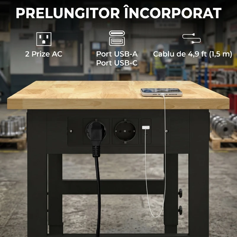 HOMCOM Masă de Lucru Reglabilă 122 cm, Blat Robust din Lemn de Cauciuc, 2 Prize AC și 2 Porturi USB, Panou Perforat, Capacitate 900 kg, pentru Garaj, Atelier și Casă