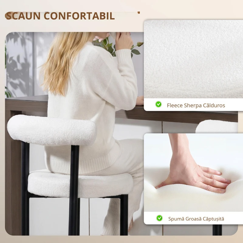 HOMCOM Set de 2 taburete de bar, scaune de bar din țesătură bouclette cu spătar curbat, suport pentru picioare, 50x52,5x98cm, crem