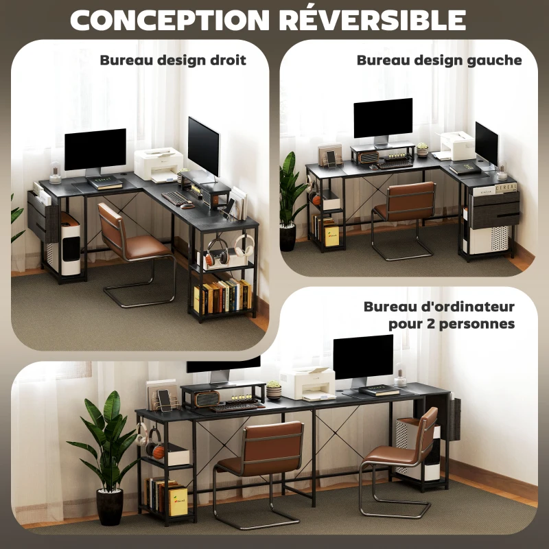 HOMCOM Bureau d'angle modulable réversible 168-240 cm style industriel - étagère réglable, sac de rangement, support d'écran
