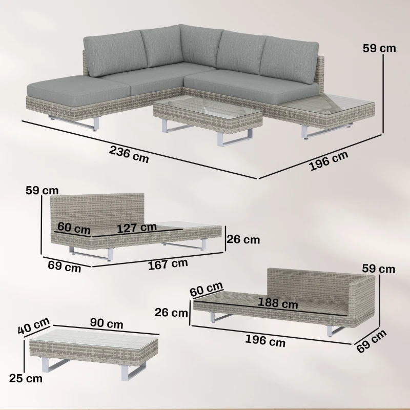 Outsunny Conjunto de Jardín Exterior de Ratán de 3 Piezas con Sofá Modular de 3 y 2 Plazas Mesa Lateral Mesa de Centro Cojines