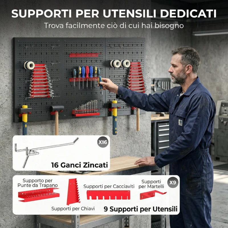 HOMCOM Set 3 Pannelli Porta Attrezzi da Parete in Acciaio con 9 Supporti e 16 Ganci, Nero e Rosso