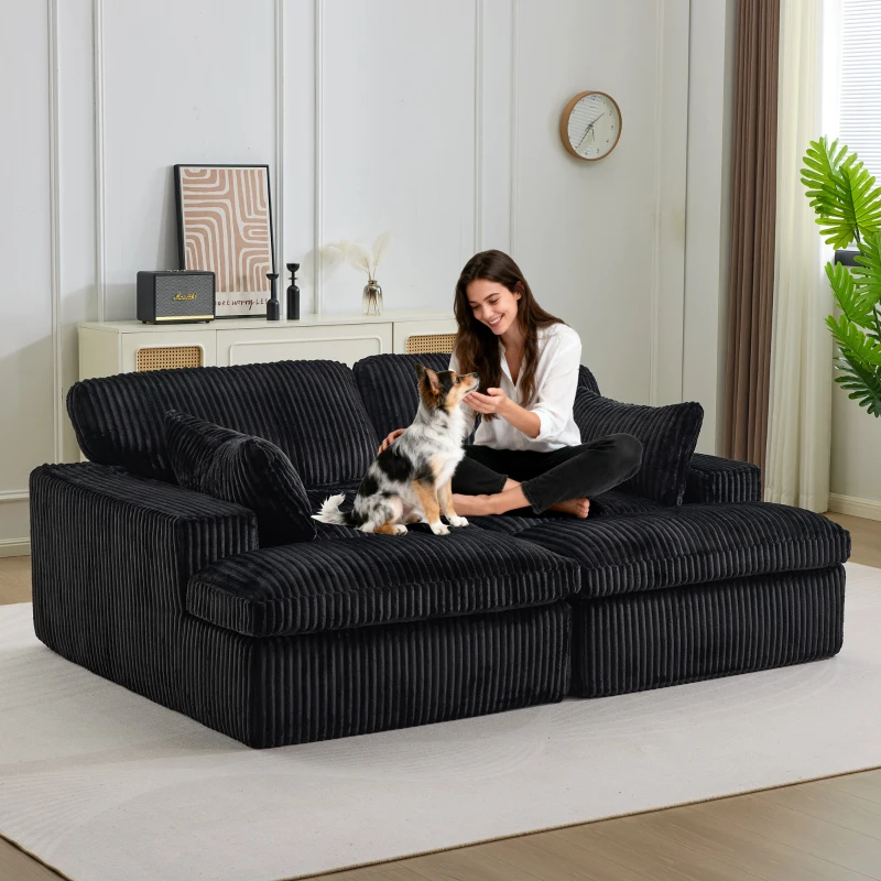 Doppelter Chaiselongue-Sessel für den Innenbereich, übergroße gepolsterte Cloud-Schlafcouch, luxuriöses Schlafsofa mit tiefem Sitz, geteiltes Chaiselongue-Sofa, Lesesessel aus Cord für das Wohnzimmer, kein Zusammenbau erforderlich, schwarz