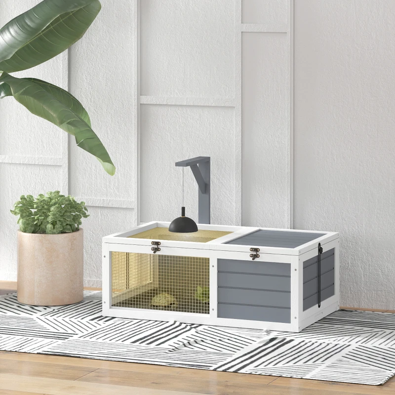 PawHut Maison enclos cage pour petit animal tortue avec 2 espaces support de lampe 81 x 48 x 31,5 cm gris