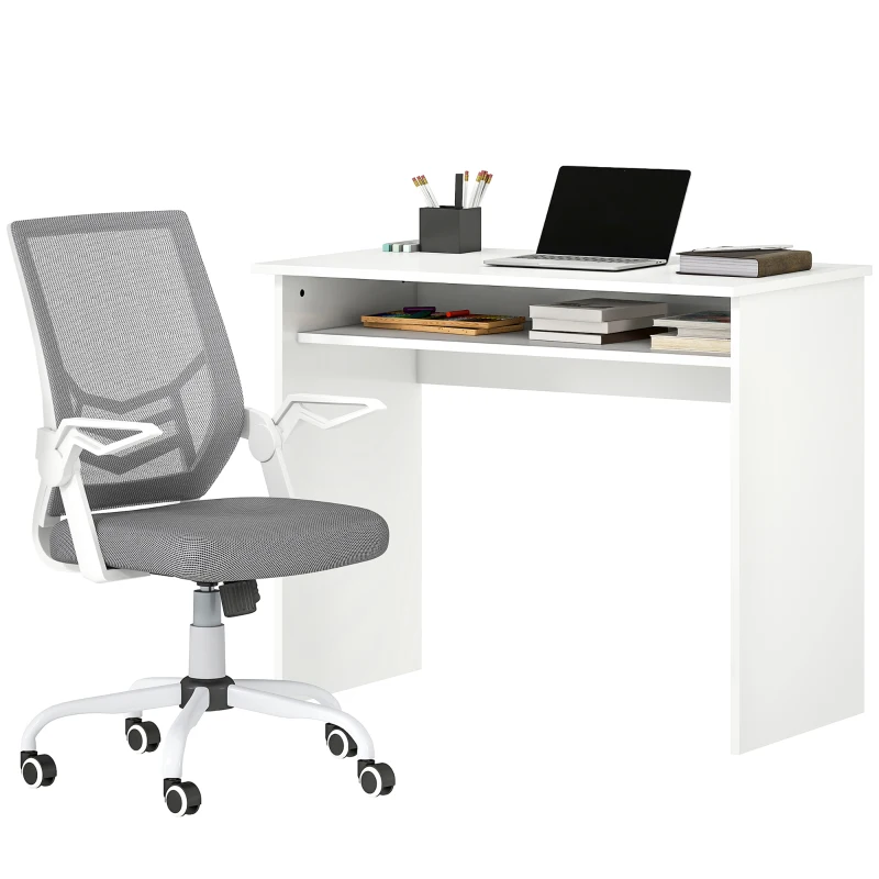 HOMCOM Home Office Furniture Set, Modern Computer Desk with Storage Shelf and Ergonomic Mesh Chair with Flip-Up Arms, Lumbar Support, Adjustable Height, Swivel Wheels, White and Grey