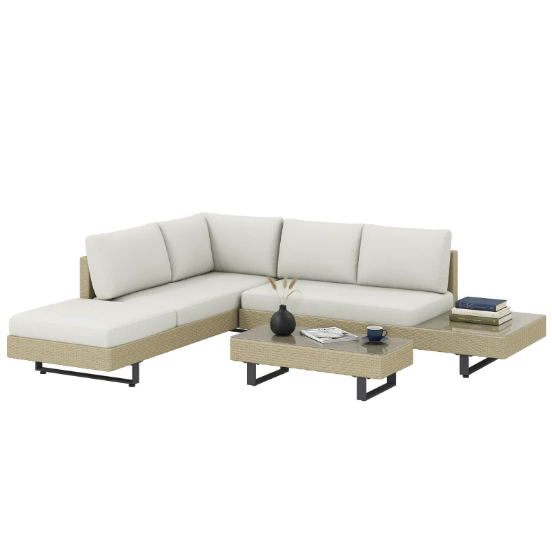 Outsunny Conjunto de Jardim em Vime de 3 Peças com Sofá Modular de 3 e 2 Lugares Mesa Lateral e Mesa de Centro Bege