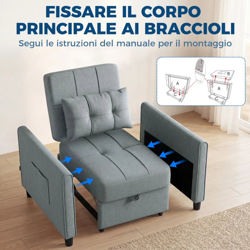 HOMCOM Divano Letto Pieghevole Convertibile con Schienale Regolabile e Cuscino, Grigio