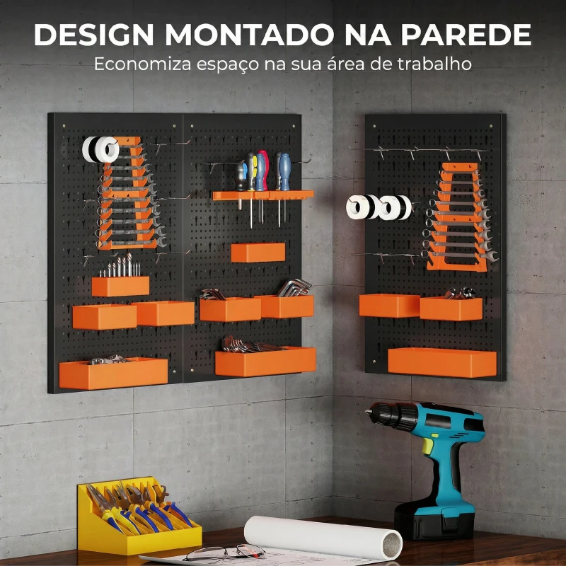HOMCOM Organizador de Ferramentas de Parede de 33 Peças 120x60 cm com Ganchos Contentores e Prateleiras Preto e Laranja