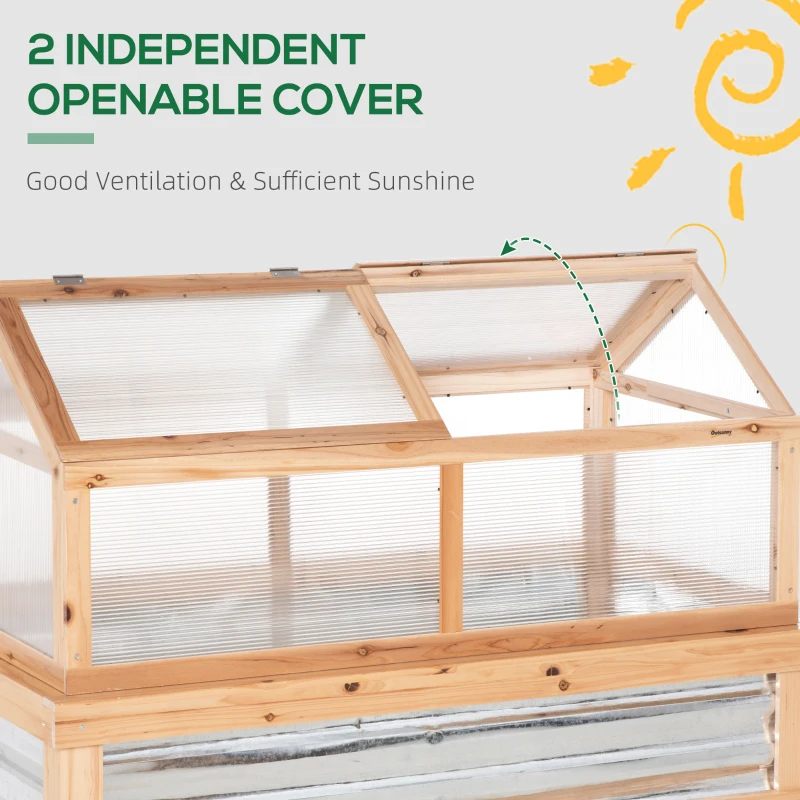 Outsunny Raised Garden Bed with Greenhouse Top - Garden Wooden Cold Frame Greenhouse Flower Planter Protection with 2 Independent Roofs, 122 x 61 x 82 cm, Natural