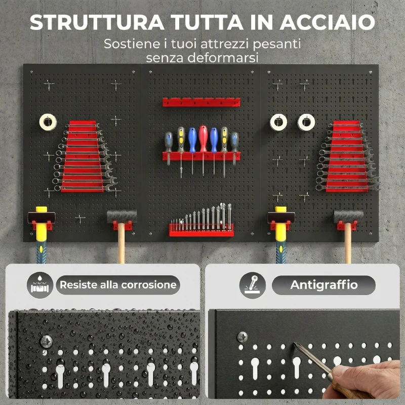 HOMCOM Set 3 Pannelli Porta Attrezzi da Parete in Acciaio con 9 Supporti e 16 Ganci, Nero e Rosso