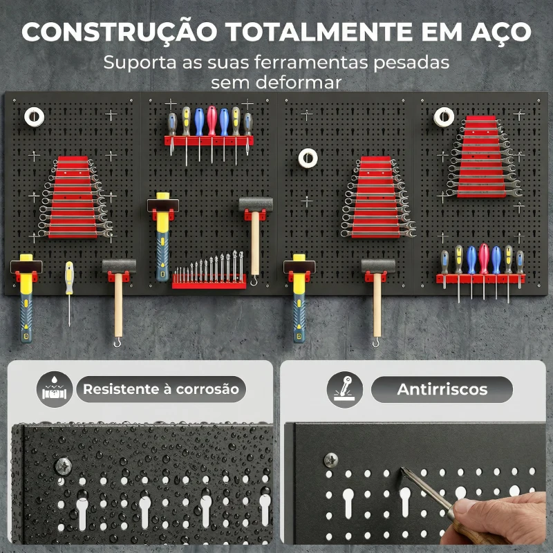 HOMCOM Organizador de Ferramentas de Parede com 38 Peças cada painel 60x40 cm com Ganchos e Suportes Preto e Vermelho