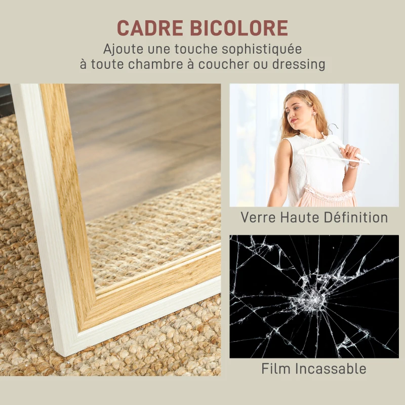 HOMCOM Miroir de sol pleine longueur miroir sur pied avec cadre en effet bois, montage sol, suspendu, appuyé, 157 x 37 cm blanc