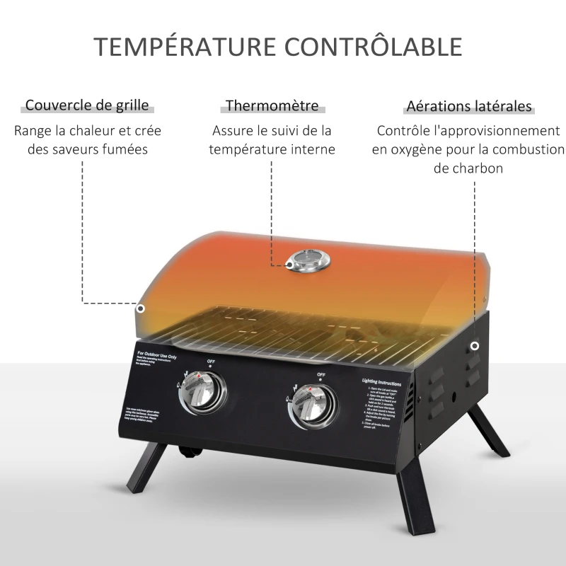Outsunny Barbecue gaz de Table transportable Pieds Pliables - 2 brûleurs 5 KW - Barbecue gaz de Camping - Grille de Cuisson, réceptacle Graisse, thermomètre - Acier de Qualité Alimentaire Noir