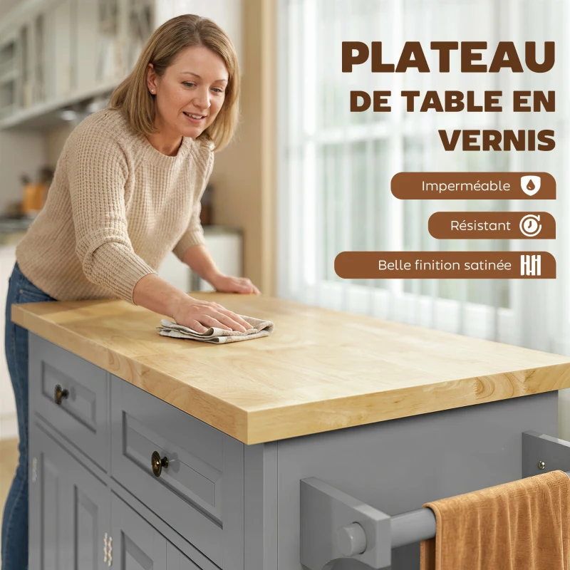 HOMCOM Desserte ilôt de cuisine multi rangements 2 tiroirs 2 placard 2 portes avec étagère range-bouteille porte-torchons et étagère réglable MDF gris hévéa