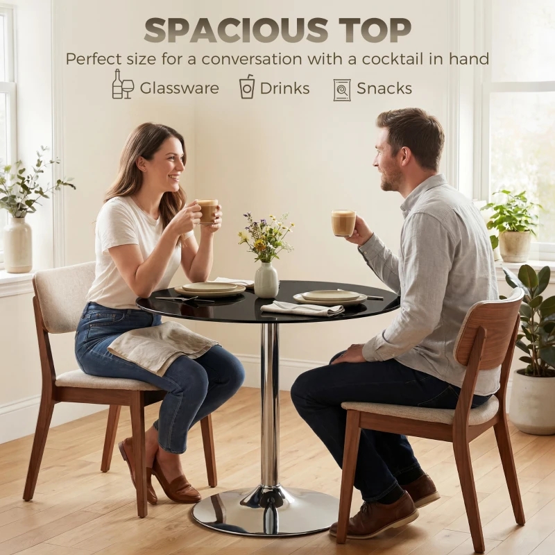 HOMCOM Round Bar Table, Modern Dining Table with Tempered Glass Top and Steel Frame for 4, 80 x 80 x 77cm, Black