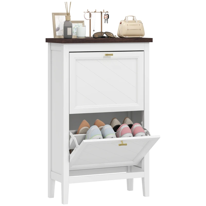 HOMCOM Shoe Cabinet with 2 Flip Drawers, Farmhouse Narrow Shoe Storage Cabinet with Adjustable Shelves, White