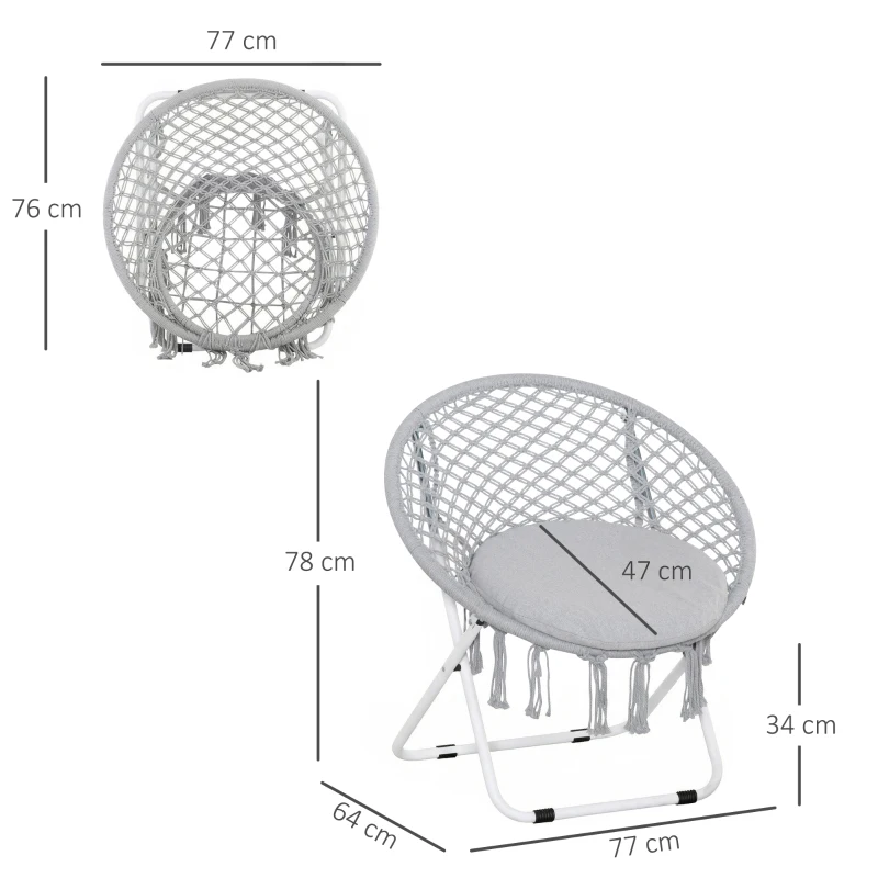 Outsunny Loveuse fauteuil rond de jardin fauteuil lune papasan pliable grand confort macramé coton polyester gris