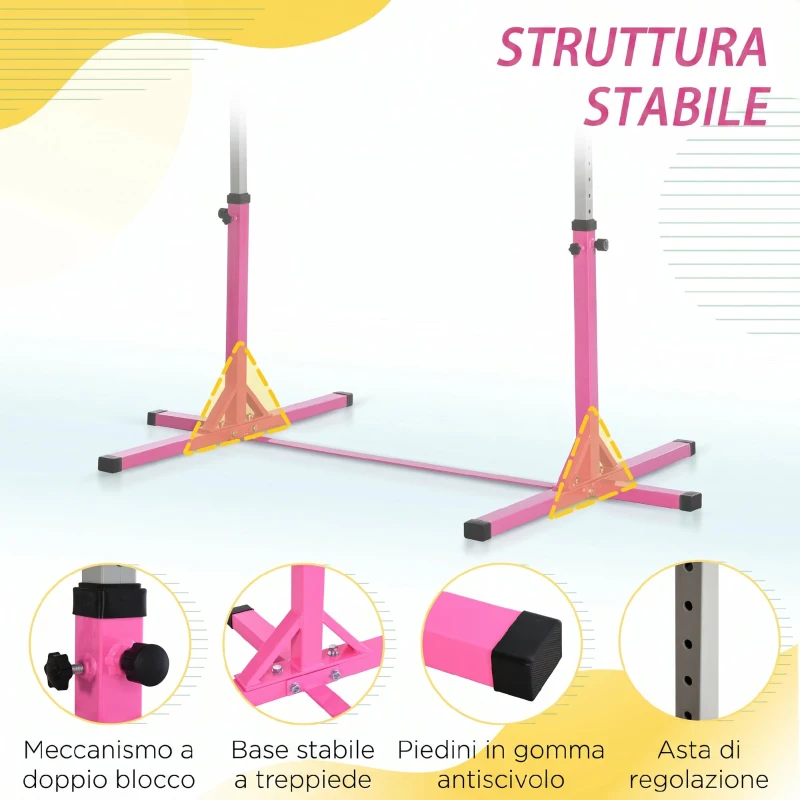HOMCOM Barra da Ginnastica Artistica per Bambini 3+ Anni con Altezza Regolabile 92-150 cm, in Acciaio e Legno Massello di Faggio, Sbarra Orizzontali Danza Attrezzatura Palestra Antiscivolo, Rosa