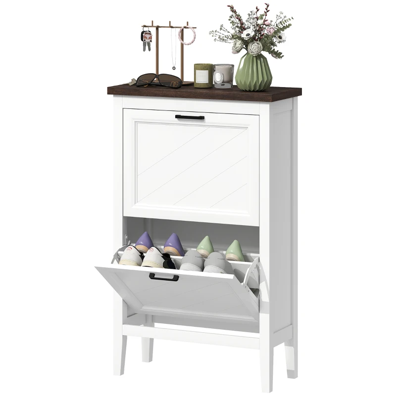 HOMCOM Shoe Cabinet with 2 Flip Drawers, Farmhouse Narrow Shoe Storage Cabinet with Adjustable Shelves, White