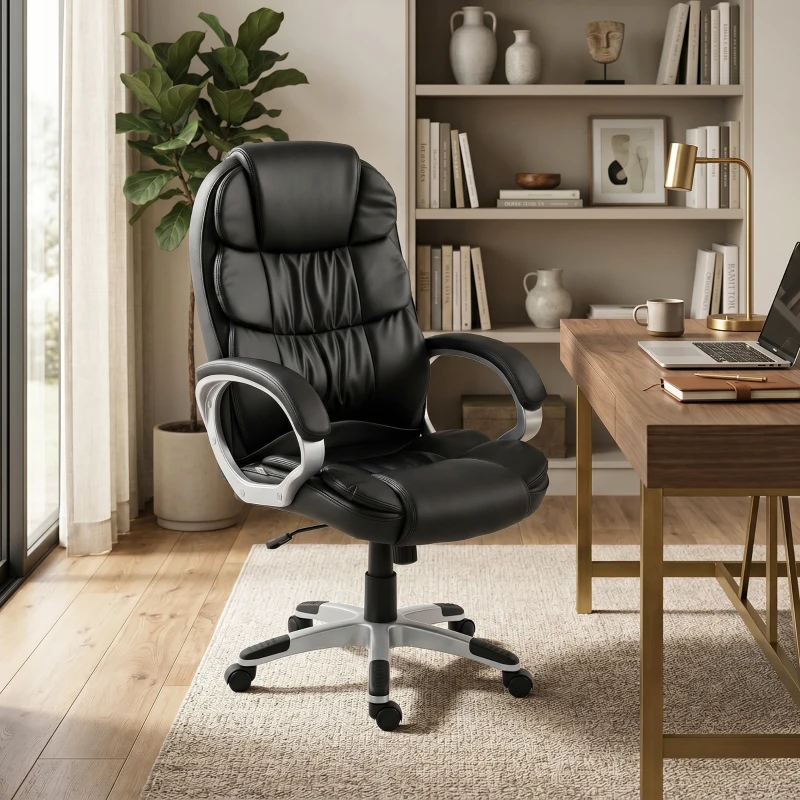 HOMCOM Chaise de Bureau Ergonomique Pivotante en Cuir PU, Fonction Bascule, Hauteur Réglable, Capacité 120kg, Noir