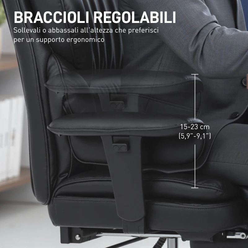 HOMCOM Sedia da Ufficio con Poggiapiedi e Poggiatesta, in Pelle PU, Schiuma e Metallo, 76x73x117-125 cm, Nero