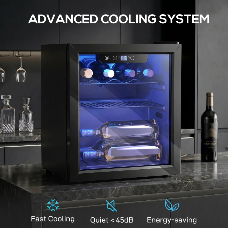 HOMCOM 12 Bottle Wine Cooler, 36 Litre Capacity, 4-16°C Under Counter Drinks Beer Wine Fridge with Glass Door, LED Light, Black