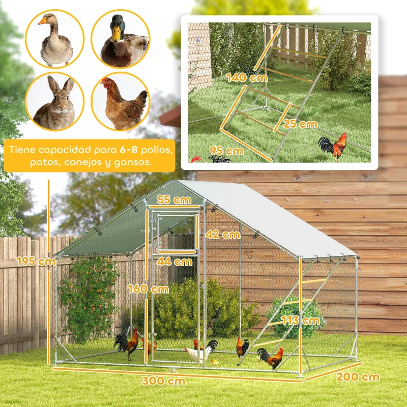 PawHut Gallinero Metálico de Exterior de 3x2m con Percha Multiusos Comedero Colgante Tipo Brocheta y Lona Protectora Resistente