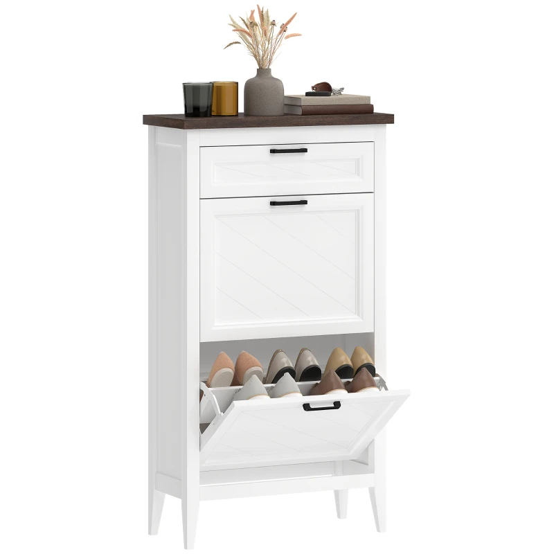 HOMCOM Shoe Cabinet with 2 Flip Drawers, Farmhouse Narrow Shoe Storage Cabinet with Adjustable Shelves, White