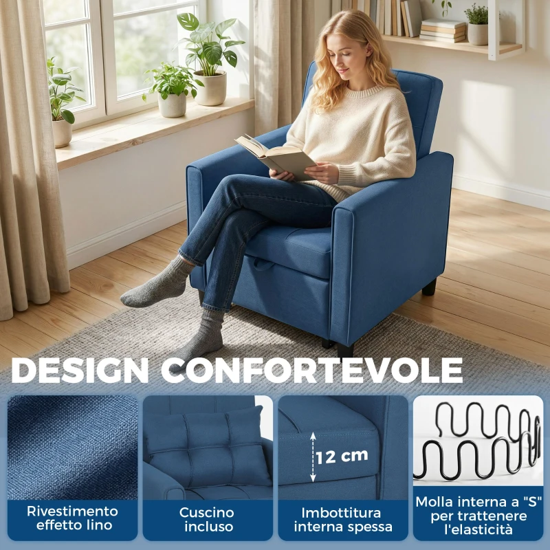 HOMCOM Poltrona Letto Pieghevole con Schienale Regolabile e Cuscino, Blu