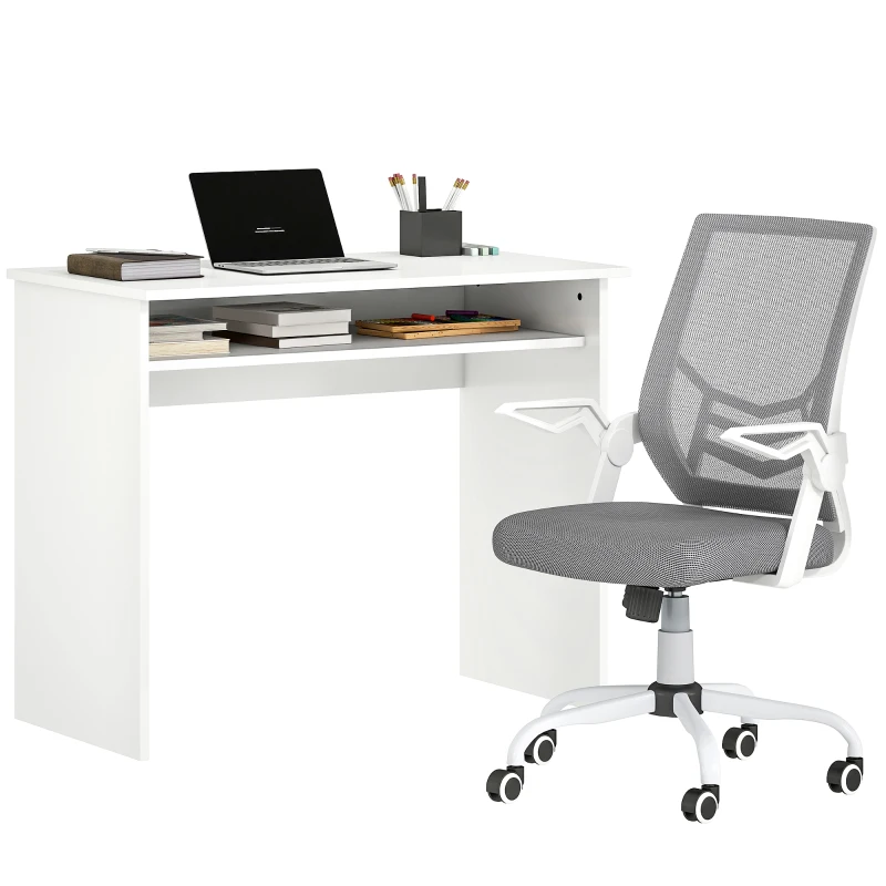 HOMCOM Home Office Furniture Set, Modern Computer Desk with Storage Shelf and Ergonomic Mesh Chair with Flip-Up Arms, Lumbar Support, Adjustable Height, Swivel Wheels, White and Grey